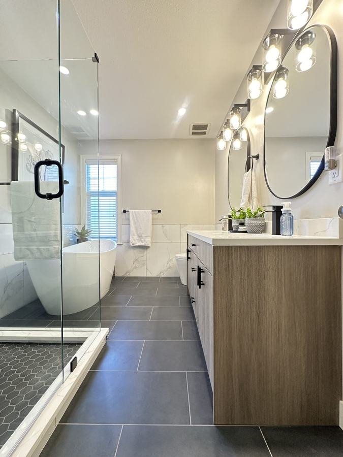 Modern Bathroom, Dark Tile Floor
